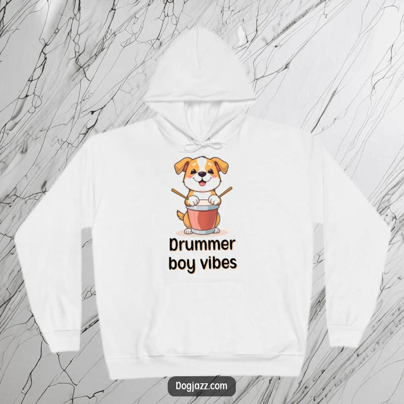 Funny Dog Hoodie: A lively dog is captured mid-drum solo, paws flying, bringing infectious energy to this cozy sweatshirt.