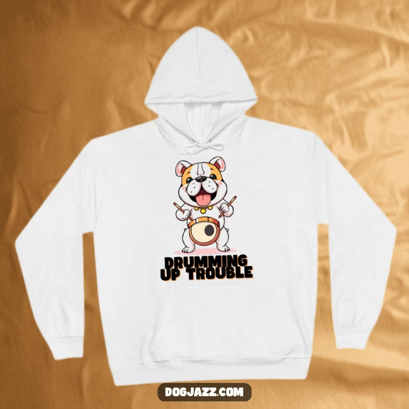 Funny bulldog playing drums with intense focus on a warm hoodie, perfect for a funny gift.