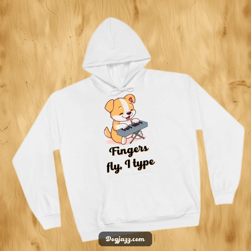 Funny hoodie with a determined cartoon dog focused on typing at a computer keyboard with nimble paws.