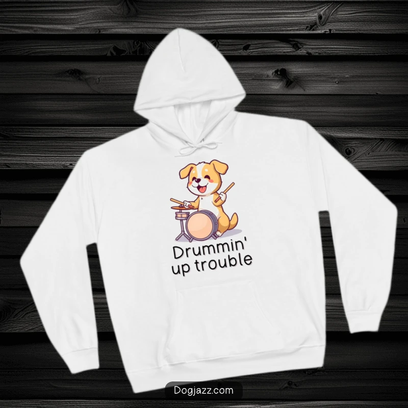 Funny dog pounding on drums with sticks in paws, exuding raw energy on a cozy hoodie.
