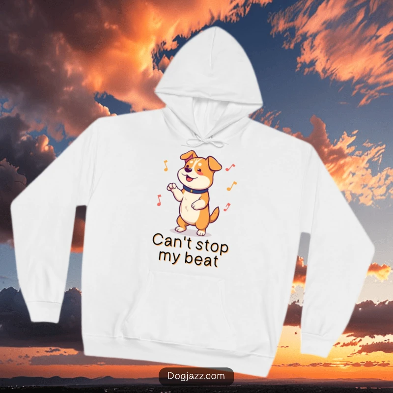 Funny Hoodie depicting a joyful dog completely engrossed in tapping its paws to an infectious, lively beat, showcasing a passion for music.