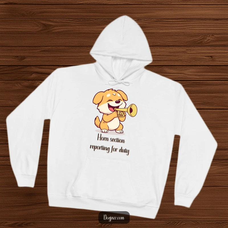 Funny dog hoodie showing an excited dog playing a trumpet with a big smile, offering warmth and humor.