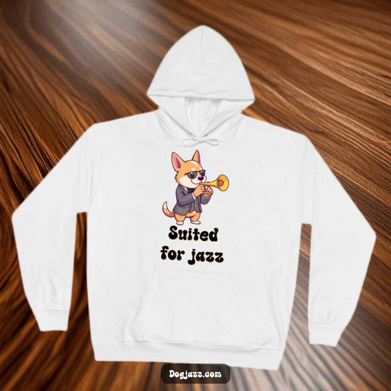 Funny dog hoodie with a dog in a sharp suit playing a jazz trumpet, perfect for sophisticated jazz fans.