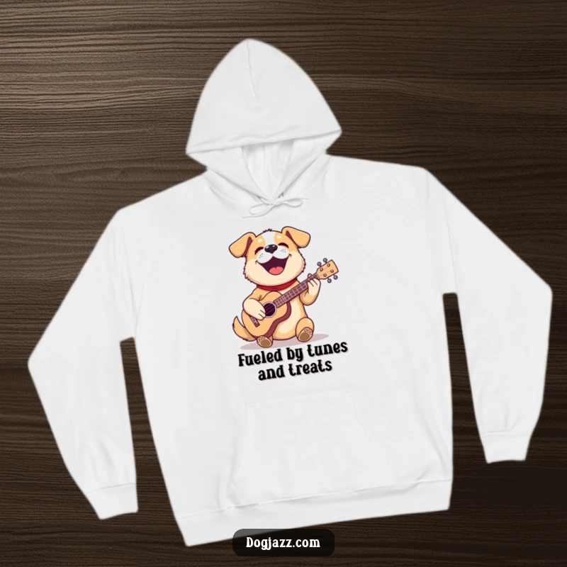 Funny dog hoodie with a joyful dog playing a ukulele, offering warmth and a comical musical theme.