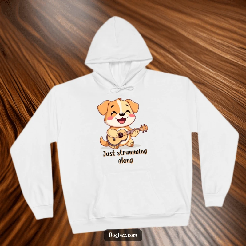 Funny dog enthusiastically strumming a ukulele with a smile, radiating warmth and happiness on a cozy hoodie.