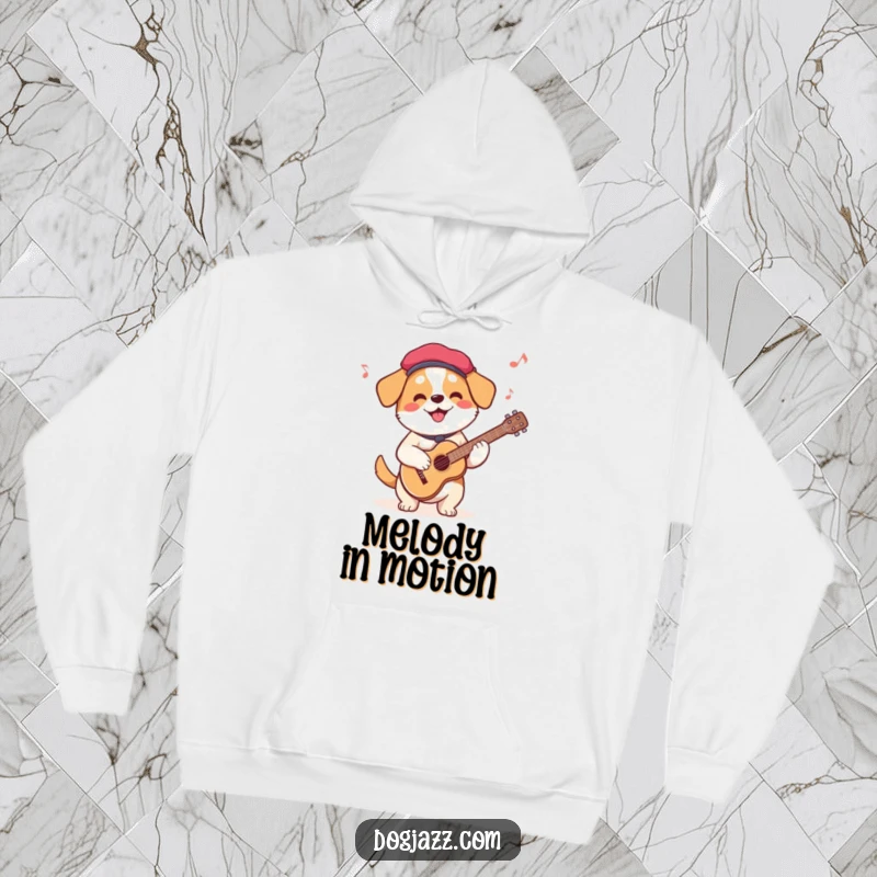 Funny French Dog Guitar Hoodie showing a beret-wearing dog playing guitar, offering cozy warmth and artistic humor.