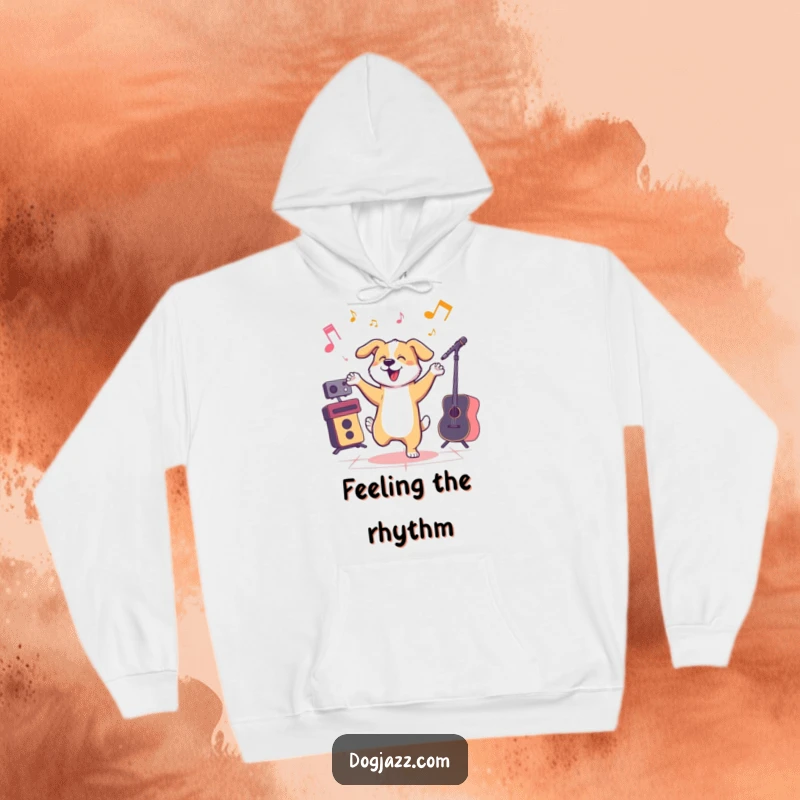 Funny dog dancing to jazz music, a cozy and humorous hoodie.