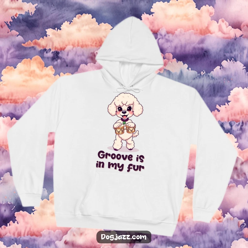 Funny poodle hoodie depicting a joyful poodle in motion, playing a set of miniature bongos, a delightful visual for music fans.
