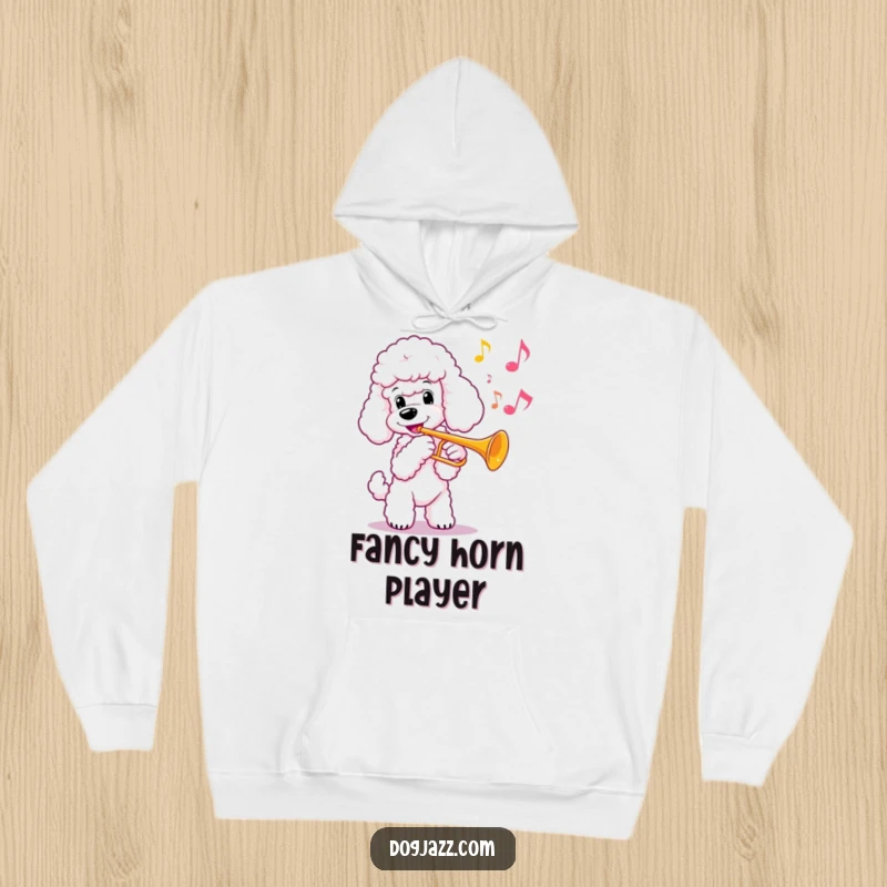 Funny poodle playing a trumpet, radiating joy, on a cozy hoodie, a perfect funny gift.