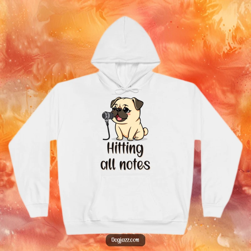 Funny Pug Rockstar Hoodie showing a pug singing into a vintage microphone, offering cozy warmth and musical humor.
