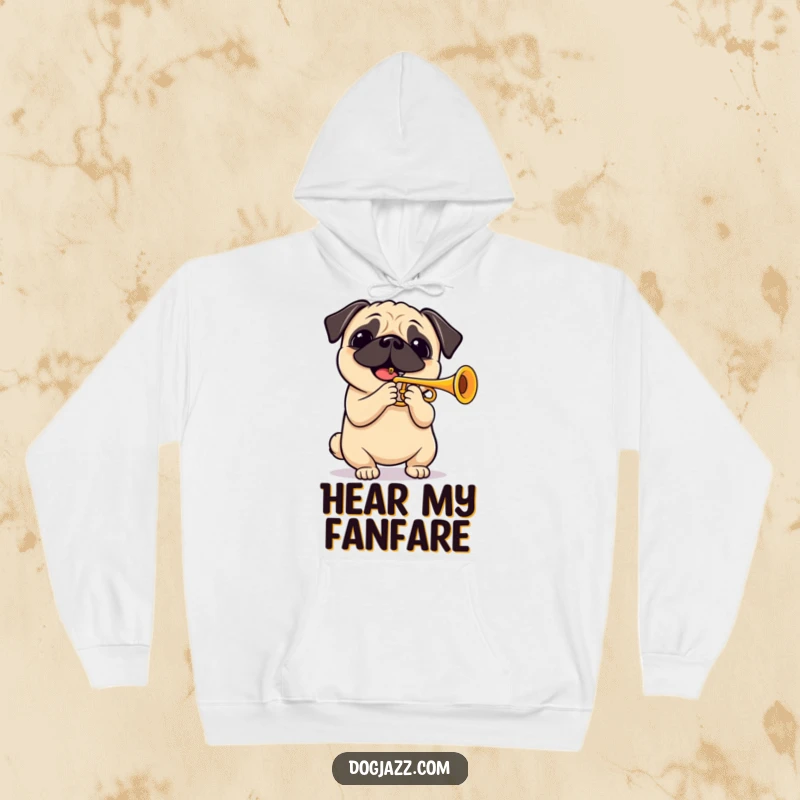 Funny pug playing a cheerful trumpet solo, depicted on a warm, comfortable hoodie for ultimate cozy fun. Irresistibly charming design.