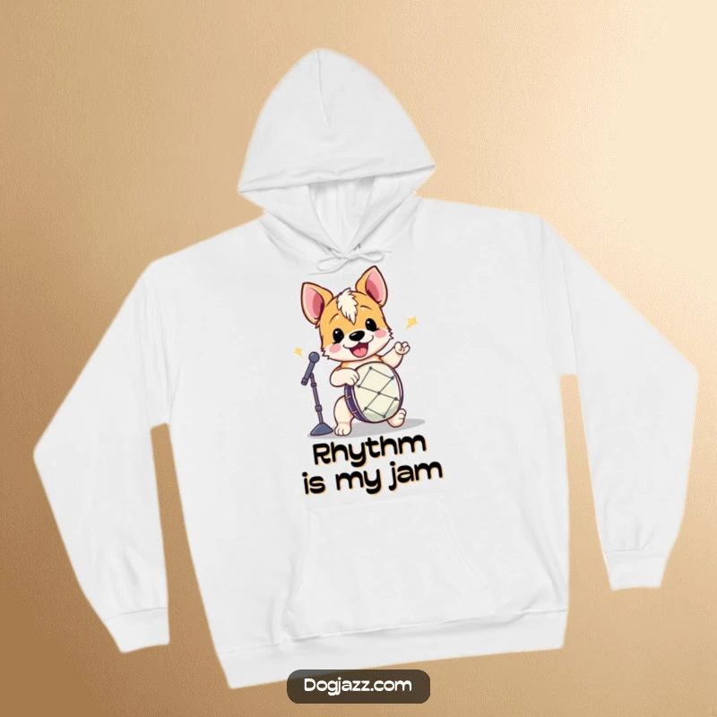Funny Terrier Drummer Hoodie showing an excited terrier playing drums, combining warmth with energetic musical fun.