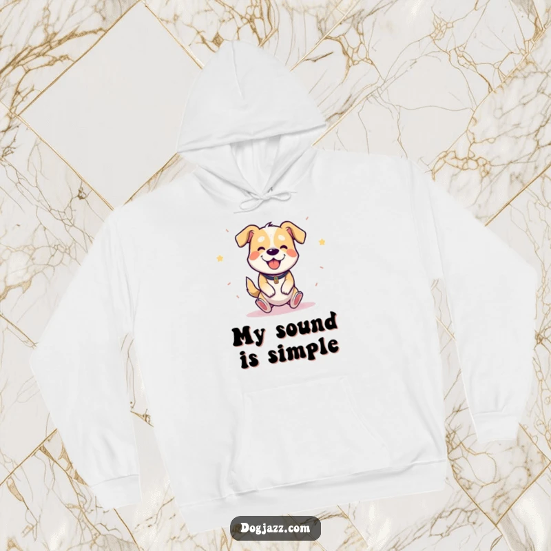 Funny hoodie with a cheerful cartoon dog happily bouncing while playing the triangle, full of energy.