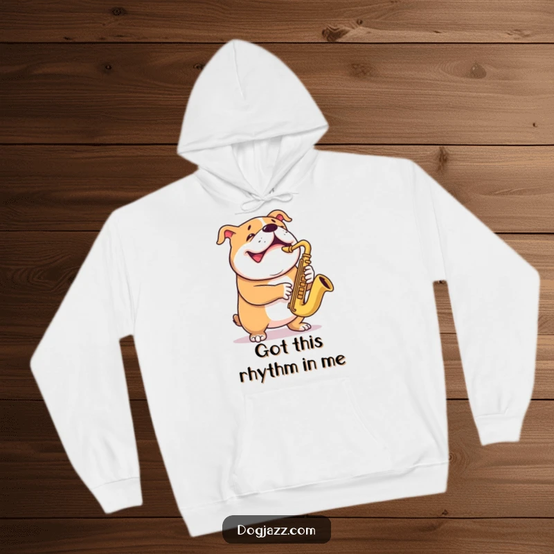 Funny bulldog hoodie depicting a happy dog jamming on a saxophone with a contagious, wide grin.