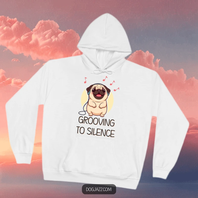 Funny pug hoodie with a happy pug wearing headphones, nodding rhythmically to imaginary jazz, a cozy and humorous design.