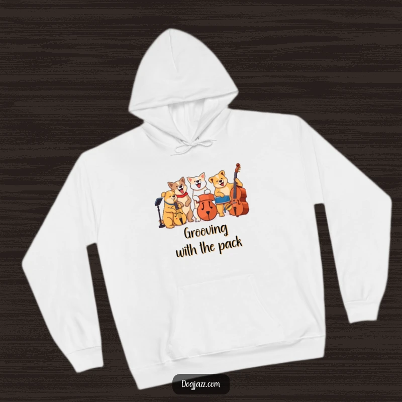 Funny dogs playing jazz instruments, cozy hoodie for music and dog lovers.