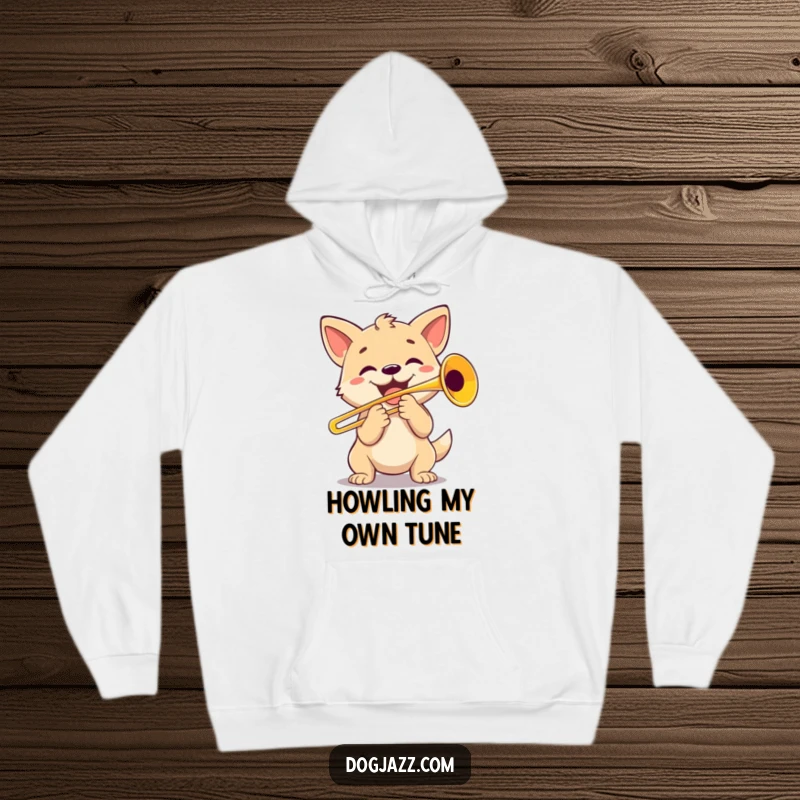 Funny Dog Trombone Player Hoodie: A happy dog character enthusiastically playing a trombone, perfect for feeling cozy and musical.