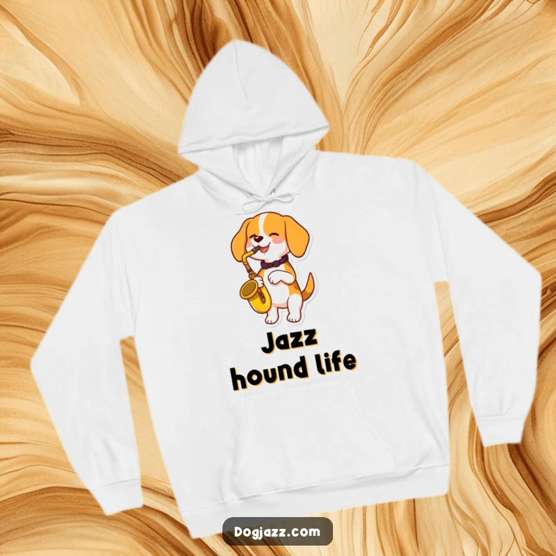 Funny beagle dog playing the saxophone, radiating happiness, on a cozy hoodie, making it a perfect funny gift.