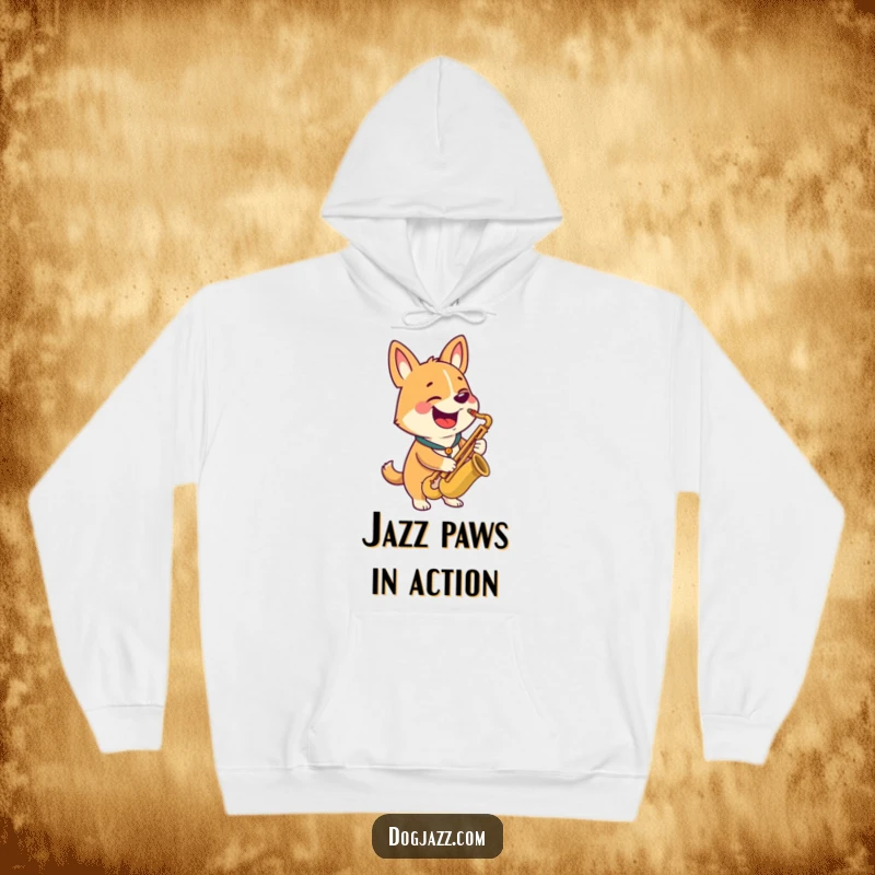 Funny hoodie depicting a happy dog character playing a saxophone with a broad, cheerful grin.