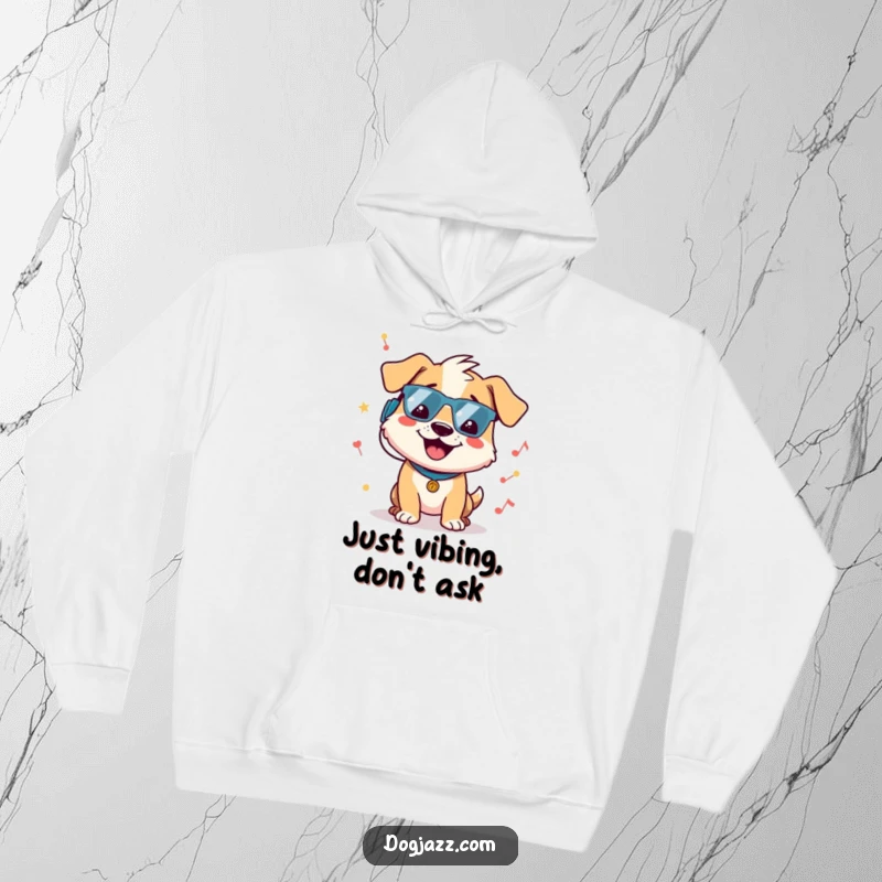 Funny dog hoodie featuring a cheerful dog character deeply engrossed in bopping its head to a groovy beat, radiating comfort and musical joy.