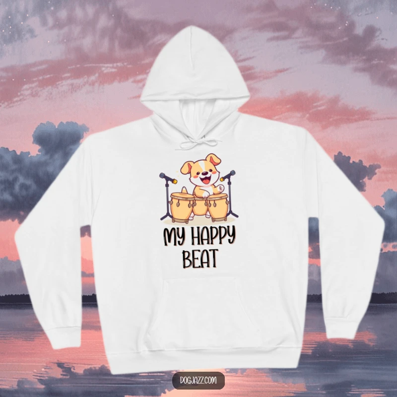 Funny Dog Bongo Hoodie: A happy dog energetically playing bongos, perfect for staying cozy and feeling the rhythm.