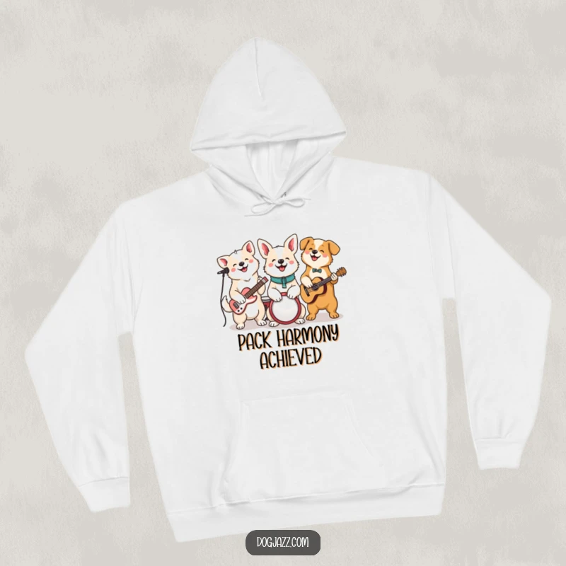 Funny Dog Jam Session Hoodie, a happy pack of dogs plays musical instruments, embodying pure joy and camaraderie.
