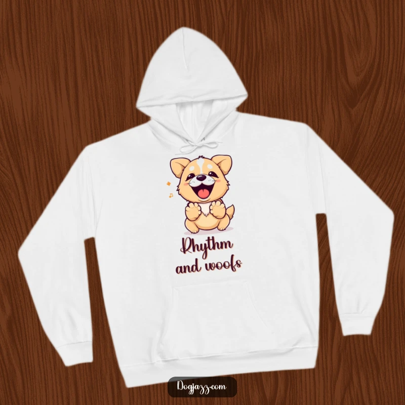 Funny dog barking a rhythm with its paws, a cozy and humorous hoodie.