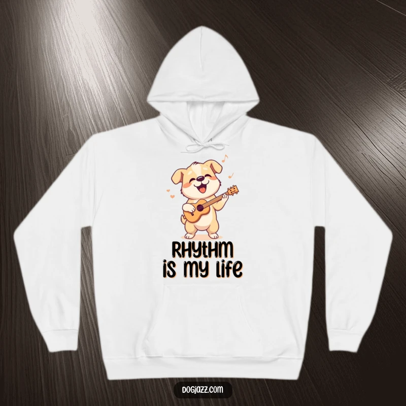 Funny hoodie depicting a dog character rhythmically bopping its head to a cool jazz beat.