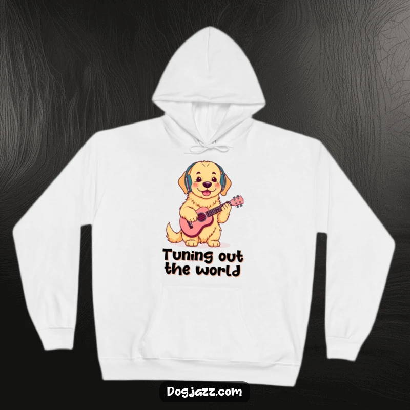 Funny Golden Retriever Ukulele Hoodie: A cool golden retriever with headphones, strumming a ukulele, designed for ultimate chill comfort.
