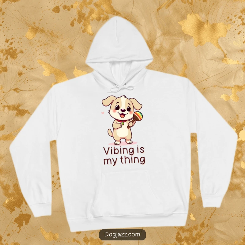 Funny dog character dancing energetically while playing maracas, a warm hoodie for festive occasions. Brings cheer and comfort.