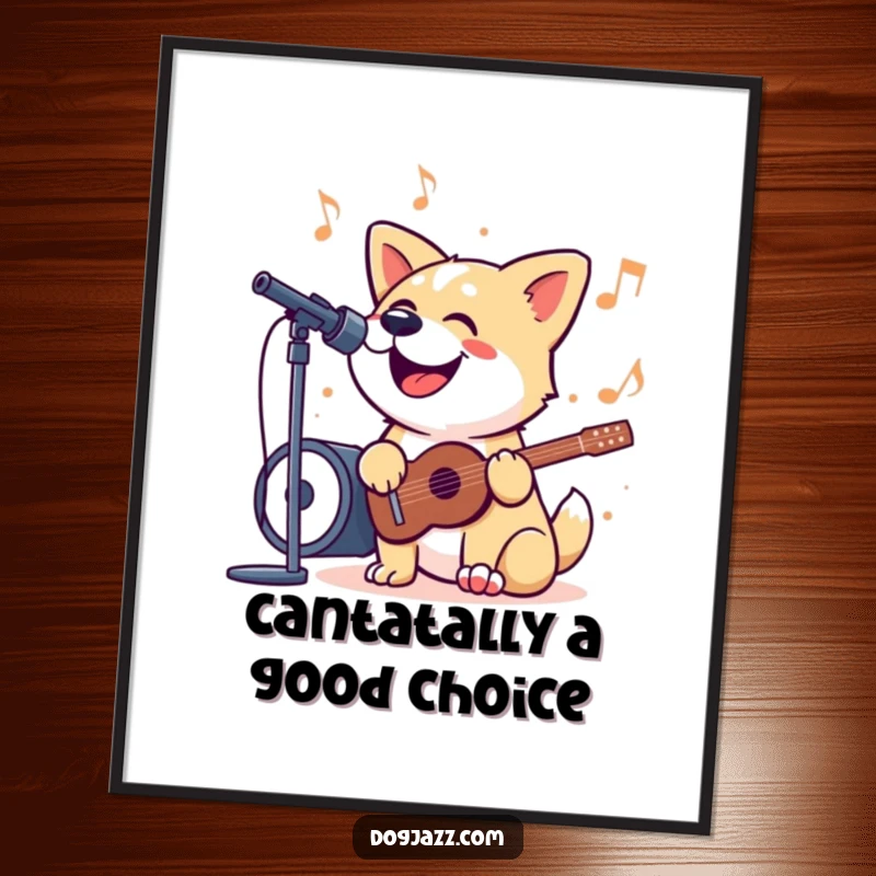 Funny Free Printable Wall Art: A dog with its mouth open singing a jazzy tune with musical notes surrounding it, radiating pure joy.