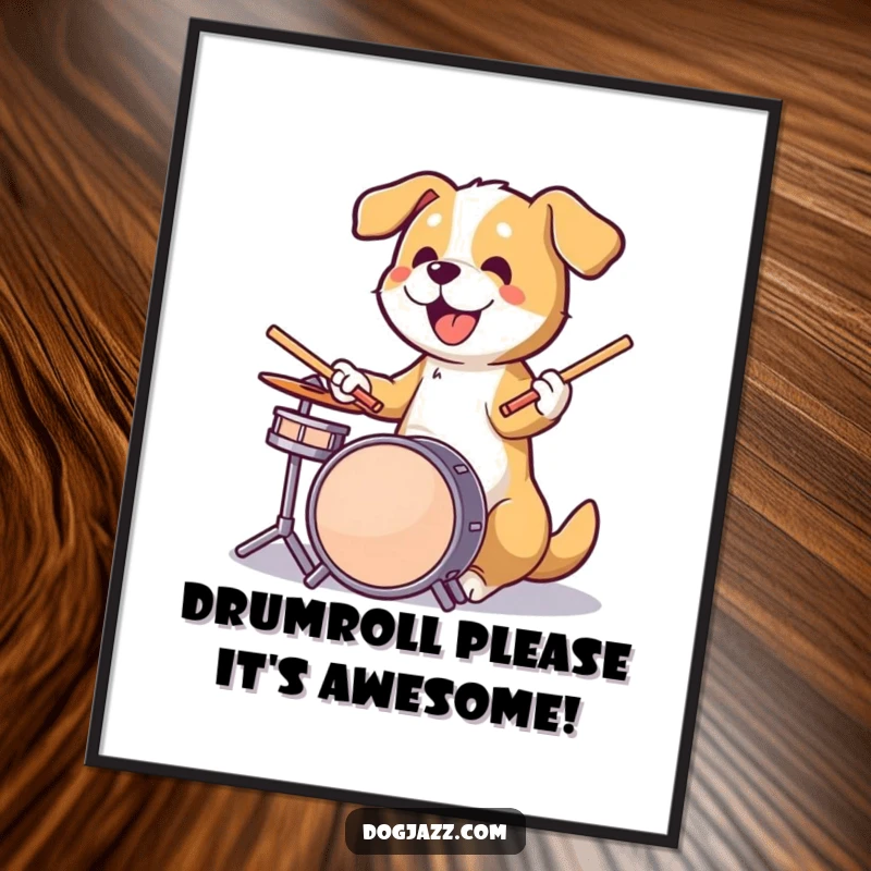 Funny Free Printable Wall Art: Dog energetically playing drums with sticks in paws, rockstar music decor, downloadable energetic art.