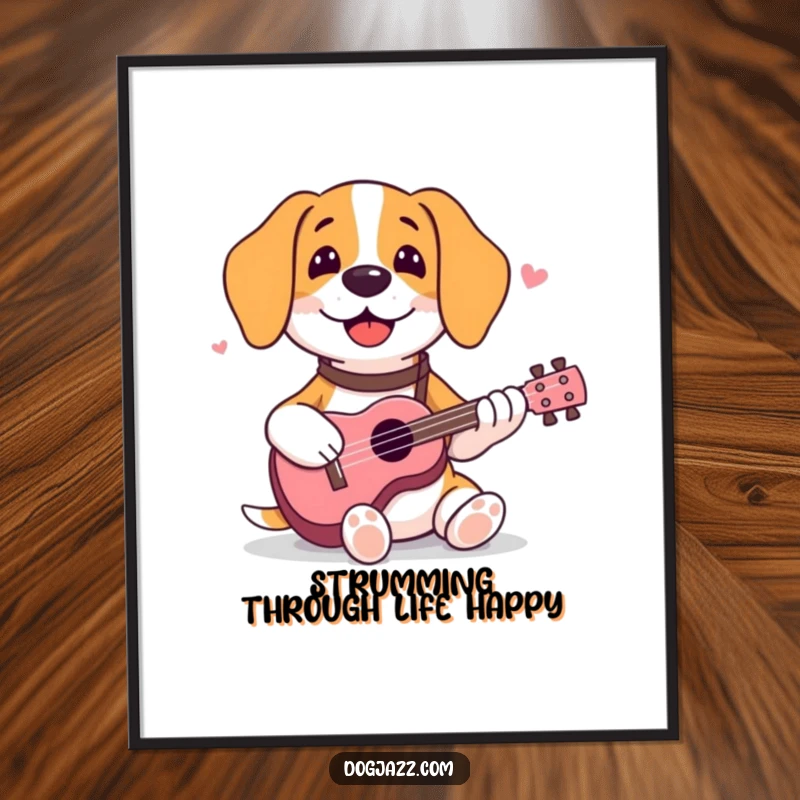 Funny Free Printable Wall Art: A cheerful beagle joyfully plays a ukulele, exuding happiness and musical charm.