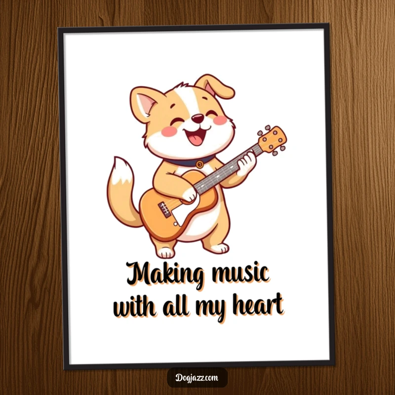 Funny Free Printable Wall Art: A cheerful dog strums a guitar with its tail wagging, radiating musical joy and humor.