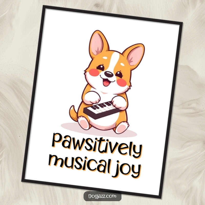 Funny Free Printable Wall Art: An energetic corgi plays a piano with its paws, creating a lively and humorous scene.