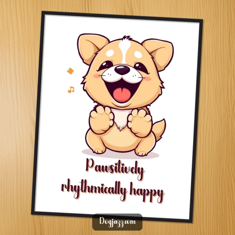 Funny free printable wall art of a dog enthusiastically tapping its paws to create a happy, rhythmic sound.