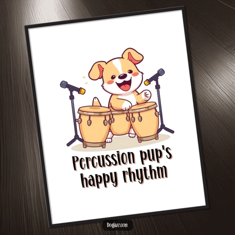 Funny Free Printable Wall Art of a dog enthusiastically playing bongos, adding a lively, rhythmic element to any space. Downloadable art.