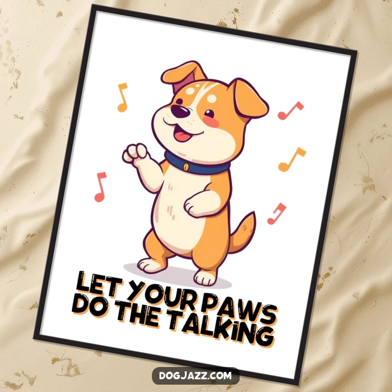 Funny Free Printable Wall Art: A cartoon dog with its paws tapping enthusiastically to an imaginary, upbeat musical rhythm, full of energy.