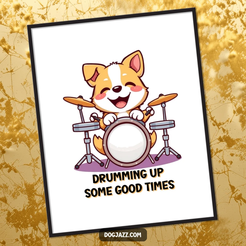 Funny Free Printable Wall Art: A happy dog energetically plays a drum kit with its paws. Cool, downloadable decor.