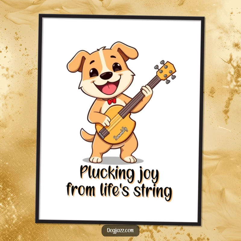 Funny Free Printable Wall Art: A dog with a wide grin energetically plays a stand-up bass. Cool, downloadable decor.