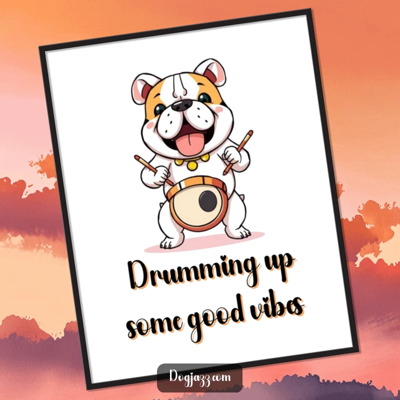 Funny Free Printable Wall Art: Bulldog rocks out on drums with intense focus and energy.