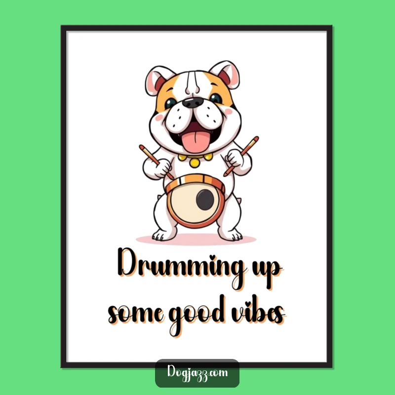 Free Printable Wall Art: Energetic Bulldog Drummer, Cool Downloadable Decor