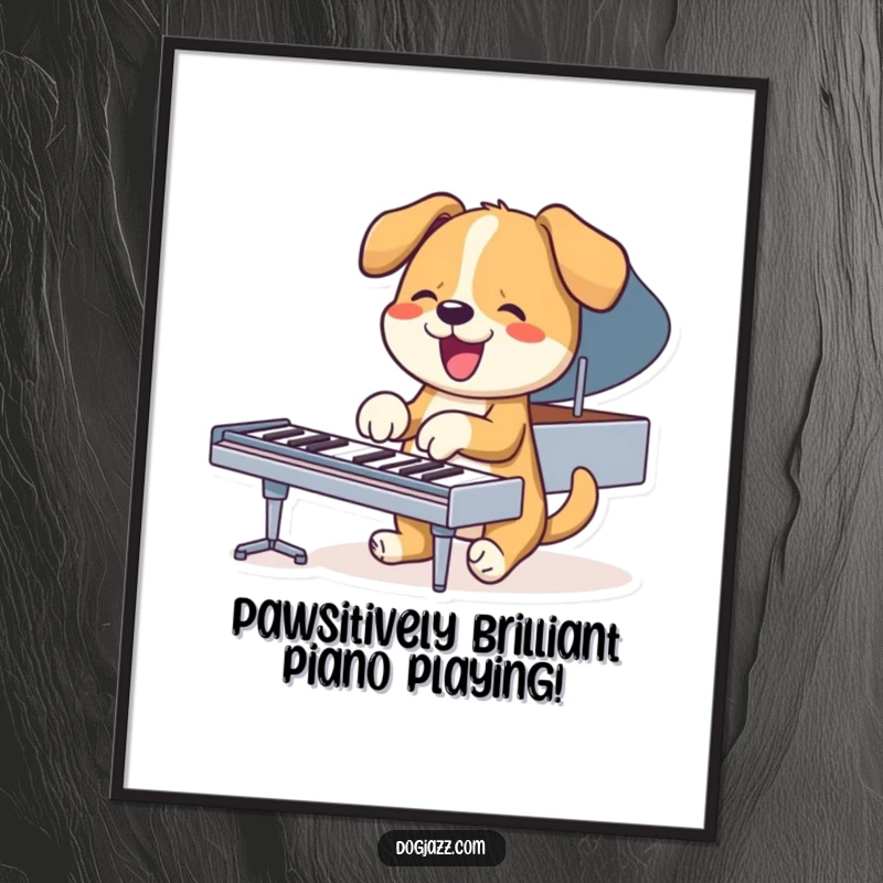Funny Free Printable Wall Art: A dog character enthusiastically playing a piano with its paws, full of musical energy.