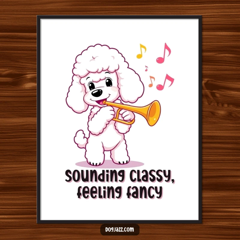Funny Free Printable Wall Art: Poodle plays a bright and cheerful trumpet melody.