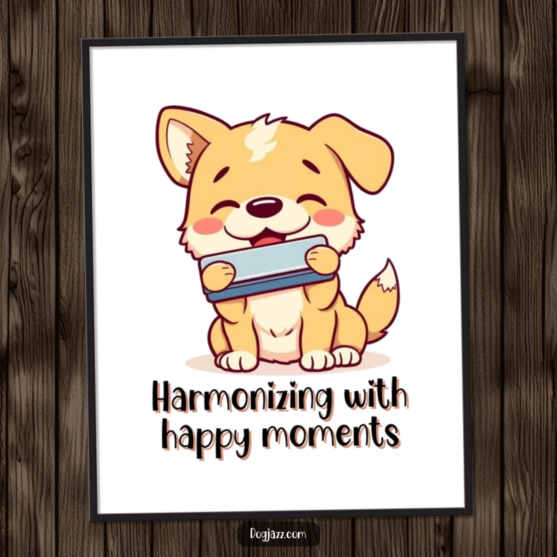 Funny Free Printable Wall Art: A dog smiles with enthusiasm while playing the harmonica. Whimsical, downloadable decor.