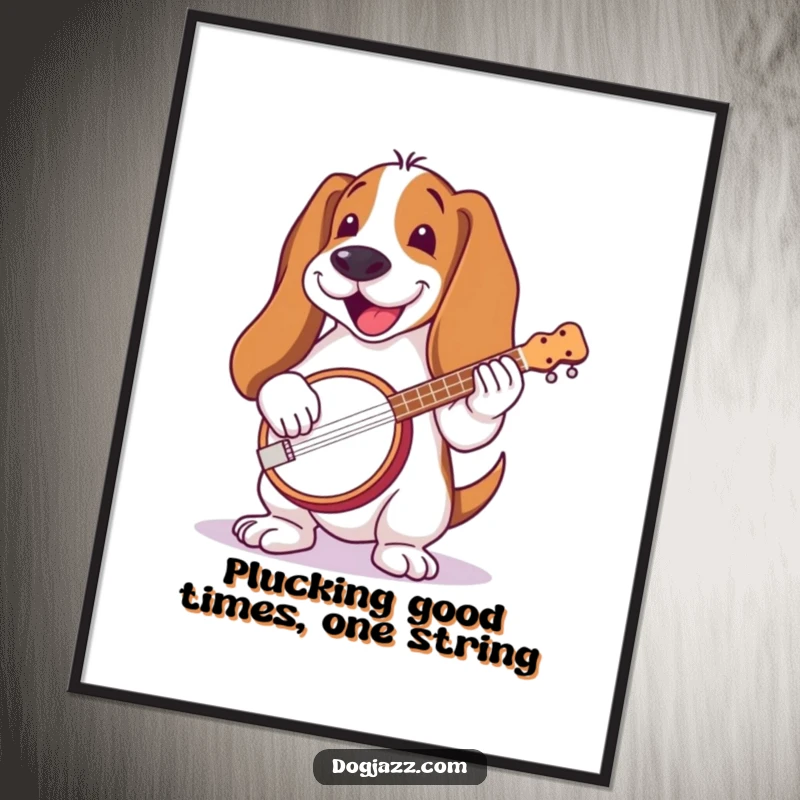 Funny Free Printable Wall Art: A basset hound with long ears joyfully strums a banjo.