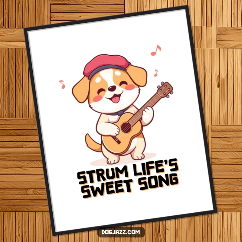 Funny Free Printable Wall Art: Dog wearing a beret playing guitar, creating a cool, musical atmosphere, decor.
