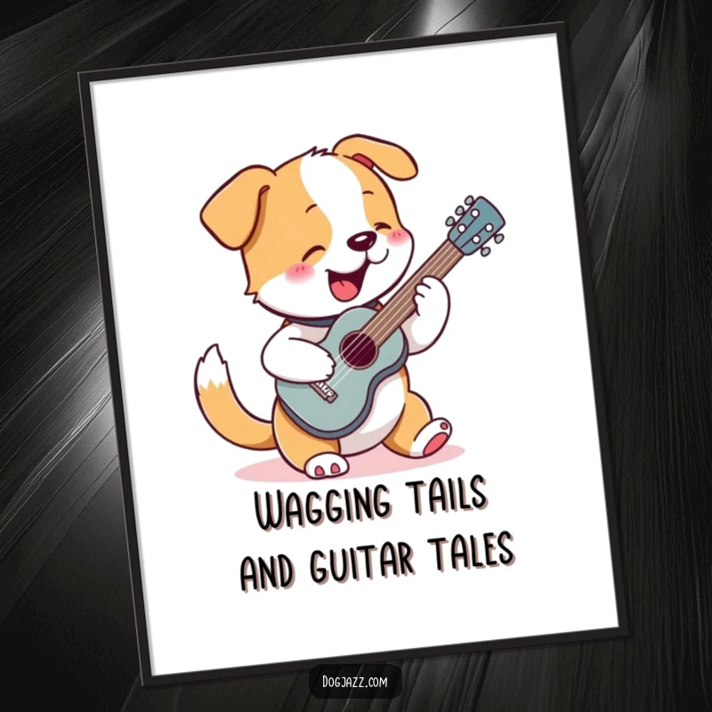 Funny Free Printable Wall Art: Energetic dog enthusiastically plays a tiny guitar with its tail wagging uncontrollably.