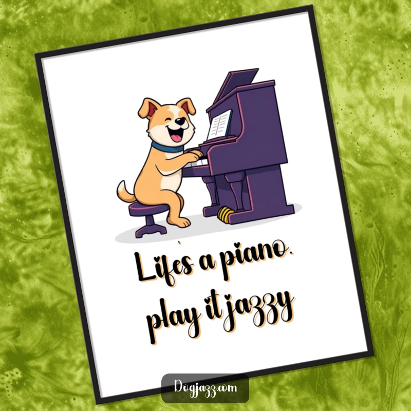Funny Free Printable Wall Art: An enthusiastic dog plays a jazzy piano with incredible skill and joy, creating a lively atmosphere.