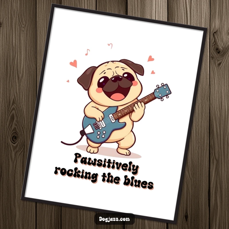 Funny Free Printable Wall Art: A pug character excitedly playing a jazz guitar, cool and musical wall art.